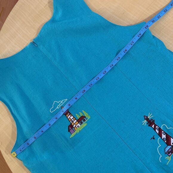 Vintage Dress Linen Embroidered 12 14 XL Lighthouses Nautical Marine Blue Teal - Picture 15 of 16